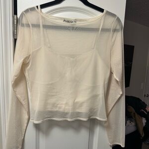 Abercrombie & Fitch Cream Long Sleeve Fitted Tank and Mesh Top
